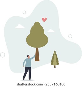 Sustainable development concept. character showing benefits of green industry,caring for plants and trees.flat characters.