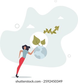 Sustainable development concept. character showing benefits of green industry.woman posing with green arrow.flat character life .