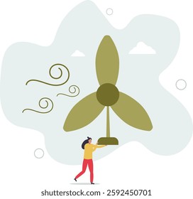 Sustainable development concept. character showing benefits of green industry,windmill and electricity production.flat character life .