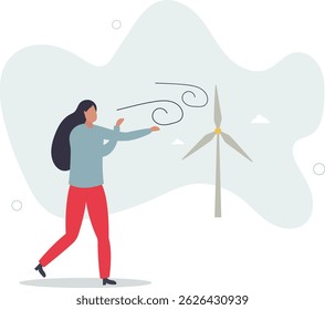 Sustainable development concept. character showing benefits of green industry,windmill and electricity production. character life .