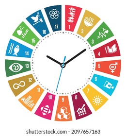 Sustainable Development concept Colorful Wheel Clock made of 17 cubes. Corporate social responsibility. Goals for action for a better world. Vector design. 