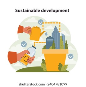 Sustainable development concept. Hands nurturing urban growth with watering can and recycled water, showcasing eco-conscious urban planning. Emphasis on conservation and urban ecology. Flat vector