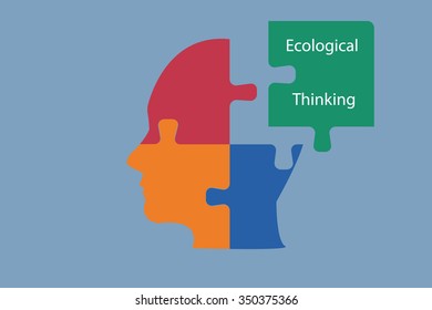 Sustainable Development concept. The head of man is composed of three color puzzle pieces. The fourth green puzzle with the sign Ecological Thinking is next to the head