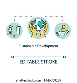 Sustainable development concept icon. Environment protection, gender equality, social and economic life balance idea thin line illustration. Vector isolated outline RGB color drawing. Editable stroke