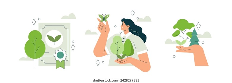 Sustainable development concept illustration. Character showing benefits of planting trees and forest conservation. Vector illustrations set  