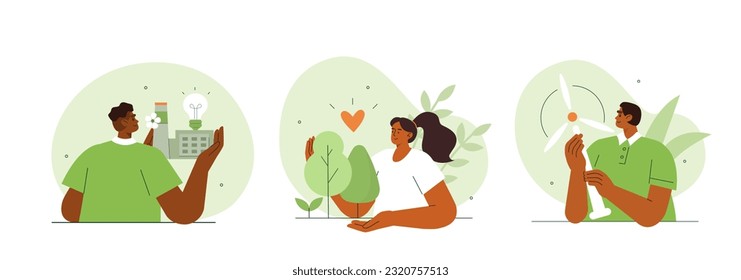 Ilustración del concepto de desarrollo sostenible. Colecciones de personajes de hombres y mujeres que muestran los beneficios de la industria ecológica, la energía renovable y la conservación de los bosques. Conjunto de ilustraciones de vectores