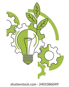 Sustainable development and Conservation Innovation - Light bulb with green leaves and gears mechanism