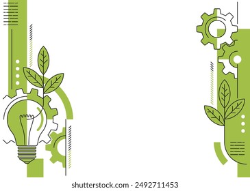 Sustainable development and Conservation Innovation - Light bulb with green leaves and gears mechanism. Decoration for slideshow, report or presentation, left and right margins of layout