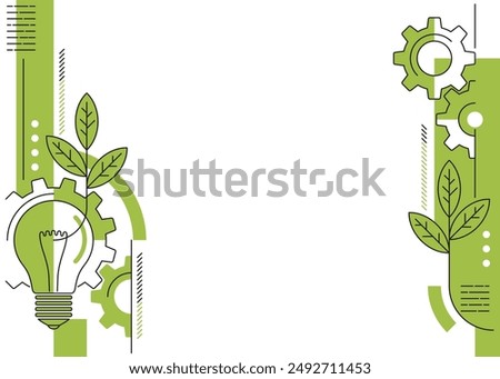 Sustainable development and Conservation Innovation - Light bulb with green leaves and gears mechanism. Decoration for slideshow, report or presentation, left and right margins of layout