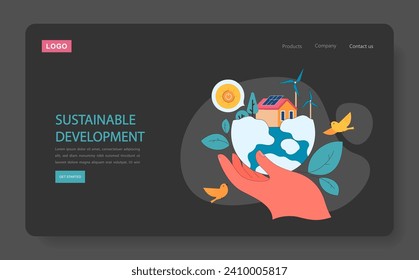 Sustainable development dark or night mode web, landing. Nurturing the planet with renewable energy and protecting natural habitats. Embracing a future where progress and nature coexist.