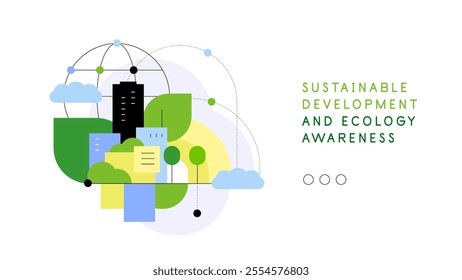 Sustainable development and ecology awareness. City greening and alternative energy sources. Flat illustration, web banner template. Vector file.