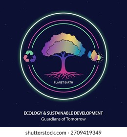 Sustainable development and ecology concept with tree, recycle symbol, and planet earth