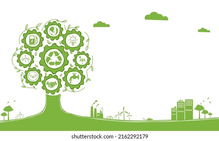 Nachhaltige Entwicklung, Ökologie und Umweltschutz mit Symbolen über den Planeten Erde, erneuerbare Energien, Menschen und natürliche Ressourcen auf dem Baum mit grüner Stadt. Vektorgrafik-Illustrator.