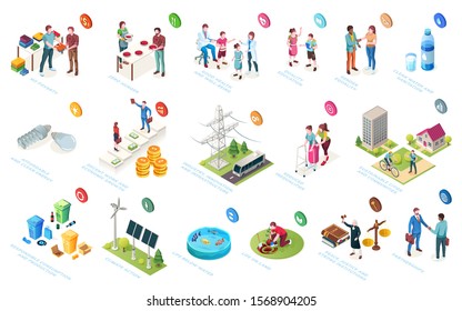 Sustainable development, economy and society sustainability, social responsibility, vector isometric icons. CSR initiatives, life level improvement, community protection and environment conservation