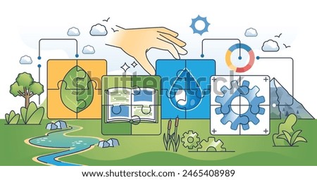 Sustainable development and environmental future goals outline hands concept. Climate awareness and responsible nature resources consumption to save it for future generations vector illustration.