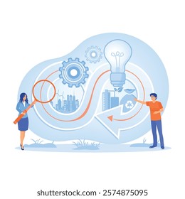 Sustainable development with environmentally friendly solutions. Optimal reuse of resources and reduced waste management. Circular Economy concept. Flat vector illustration.