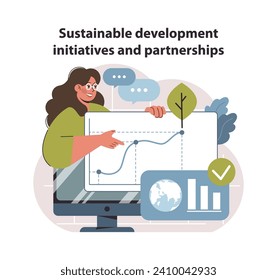 Sustainable development framework. Collaborative efforts for ecological and social advancement. Charting progress towards goals. Flat vector illustration.
