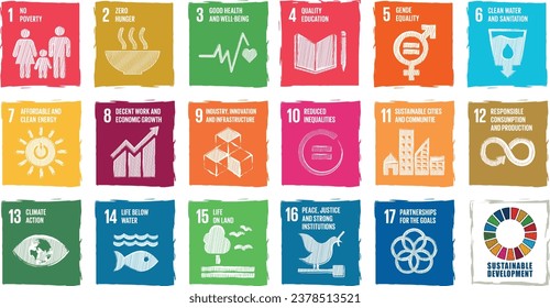 Sustainable Development global goals icon set chock board sketch. School Education concept. Sustainable Development for a better world. Vector illustration. svg