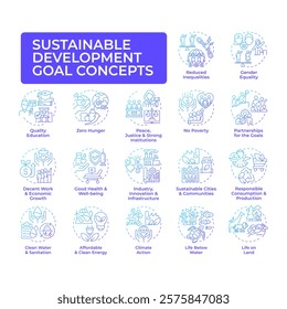 Sustainable development goal blue gradient concept icons. Social justice, equality. Ecology, finance. Icon pack. Vector images. Round shape illustrations for infographic, presentation. Abstract idea