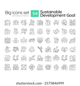 Sustainable development goal linear icons set. Green energy, production. Industrialization, innovation. Customizable thin line symbols. Isolated vector outline illustrations. Editable stroke