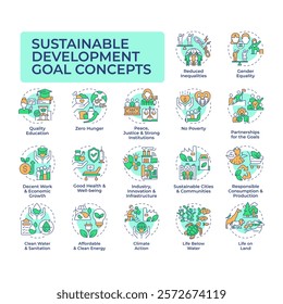 Sustainable development goal multi color concept icons. Social justice, equality. Ecology, finance. Icon pack. Vector images. Round shape illustrations for infographic, presentation. Abstract idea