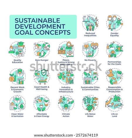 Sustainable development goal multi color concept icons. Social justice, equality. Ecology, finance. Icon pack. Vector images. Round shape illustrations for infographic, presentation. Abstract idea