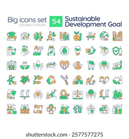 Sustainable development goal RGB color icons set. Ecology preservation, ecosystem. Economic growth. Isolated vector illustrations. Simple filled line drawings collection. Editable stroke