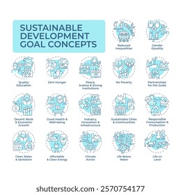 Sustainable development goal soft blue concept icons. Social justice, equality. Ecology, finance. Icon pack. Vector images. Round shape illustrations for infographic, presentation. Abstract idea