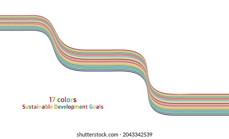 Sustainable Development Goals. Beautiful curved wallpaper in 17 colors with images of SDGs. Vector.
 The design is made up of 17 colors with the image of the SDGs.