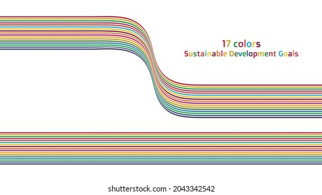 Sustainable Development Goals. Beautiful curved wallpaper in 17 colors with images of SDGs. Vector.
 The design is made up of 17 colors with the image of the SDGs.