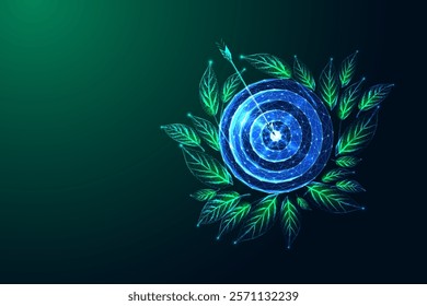 Sustainable development goals concept with glowing target and arrow surrounded by green leaves on dark background. Eco-friendly growth, business strategy, environmental planning. Vector illustration.