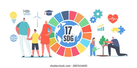 Sustainable Development Goals Ecological Concept. People Use Green Energy, Saving Planet, Growing Plants. Tiny Male and Female Characters at Huge 17 SDG Colorful Wheel. Cartoon Vector Illustration svg
