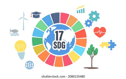 Sustainable Development Goals Ecological Concept. Green Energy, Saving Planet, Growing Plants, Light Bulb, Windmill, Puzzle, Heart, Chart and Gears 17 SDG Colorful Wheel. Cartoon Vector Illustration svg