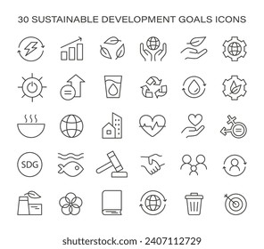 Sustainable development goals icon set. Global objectives visual guide. Ecology, energy, equality, and education focus. Comprehensive icons for awareness and education. Flat vector illustration.