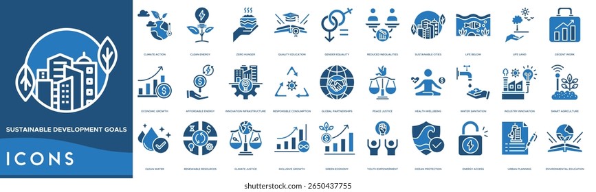 Sustainable Development Goals icon set. Climate Action, Clean Energy, Zero Hunger, Quality Education, Gender Equality, Reduced Inequalities and Sustainable Cities