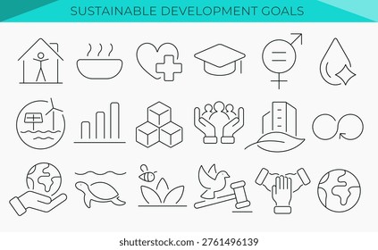 Sustainable Development Goals icon set. Line icons for sustainability and SDG themes. Clean outline vector pack for web and mobile apps UI, dashboards, presentations and corporate reports.