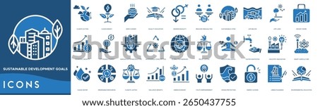 Sustainable Development Goals icon set. Climate Action, Clean Energy, Zero Hunger, Quality Education, Gender Equality, Reduced Inequalities and Sustainable Cities