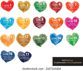 Sustainable Development Goals image hand painted watercolor heart shape icon set ENGLISH