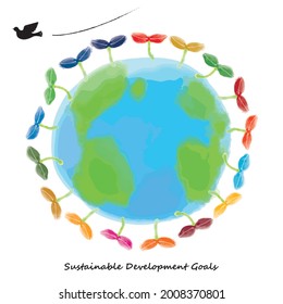 Sustainable Development Goals Image Watercolor Earth And Plant Sprout, Southern Hemisphere