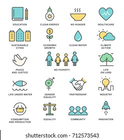 Sustainable Development Goals And Sustainable Living Implementation Concept Line Art Vector Icons.