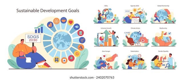 Sustainable Development Goals set. Global objectives for 2030. Eradicating hunger, ensuring education and gender equality. Promoting clean energy and economic growth. Flat vector illustration.