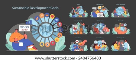 Sustainable Development Goals set. Global objectives for 2030. Eradicating hunger, ensuring education and gender equality. Promoting clean energy and economic growth. Flat vector illustration.