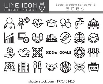 Sustainable development goals  vector icon set.  Editable line stroke.