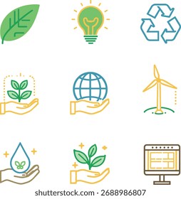 Desarrollo sostenible e iconos de vectores de tierra verde para proyectos ambientales