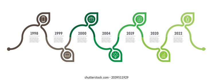 Sustainable development and growth of the eco business. Horizontal infographics, research in science and Green technology. Timeline of trends. Business concept with 7 options, parts, steps or points.