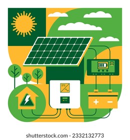 Sustainable development for household. Solar renewable energy diagram - sun, panel and electric equipment. Charger, battery and inverter - 