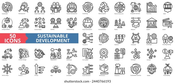 Sustainable development icon collection set. Containing organizing principle, meeting, human, services, natural system, state, living condition icon. Simple line vector.