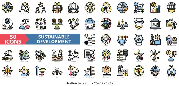 Sustainable development icon collection set. Containing organizing principle, meeting, human, services, natural system, state, living condition icon. Simple flat outline vector illustration