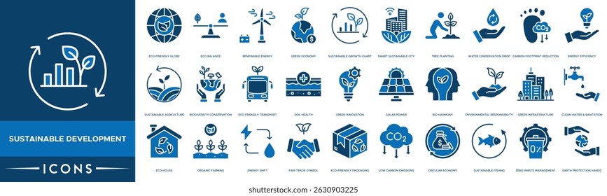Sustainable Development icon set. Eco-Friendly Globe, Eco Balance, Renewable Energy, Green Economy, Sustainable Growth Chart, Smart Sustainable City, Tree Planting, Water Conservation Drop