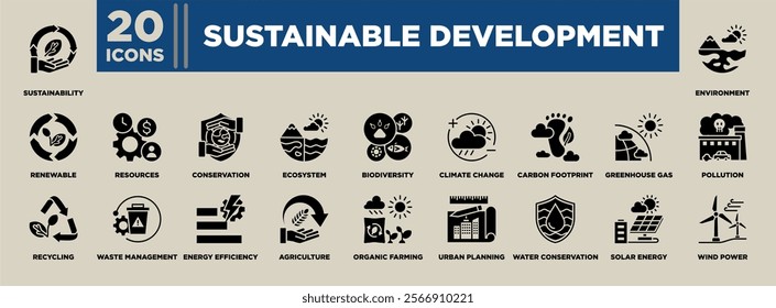 Sustainable Development icon set featuring themes like renewable energy, biodiversity, recycling, climate change, water conservation, and eco-friendly practices for a greener future.